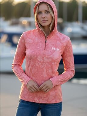 Huk Women's Coral-Orange Hooded Quarter-Zip Pullover